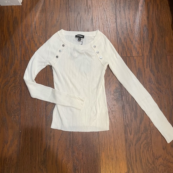 Express White Ribbed Button Shoulder Sweater - Picture 3 of 6